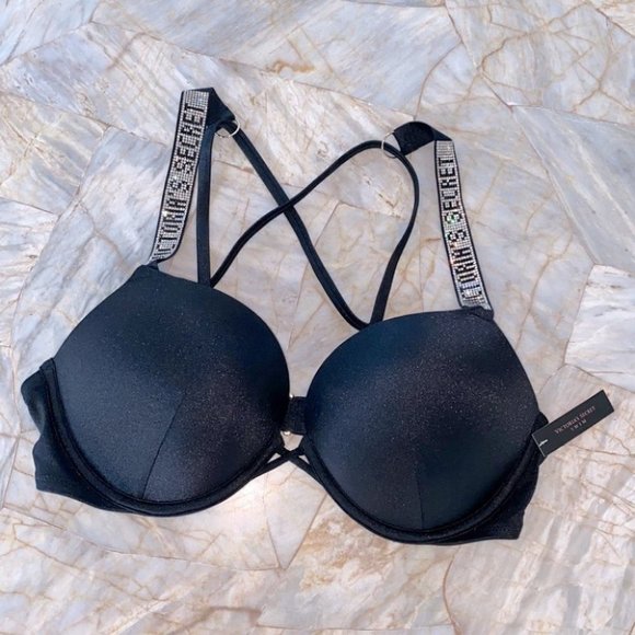 32C Swimsuit SHINE STRAP BOMBSHELL ADD 2 CUPS SWIM CRYSTALS Bra Top Black